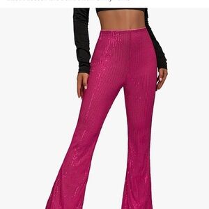 Womens High Waist Wide Leg Sparkle Sequin Bling Glitter pants… Barbie party